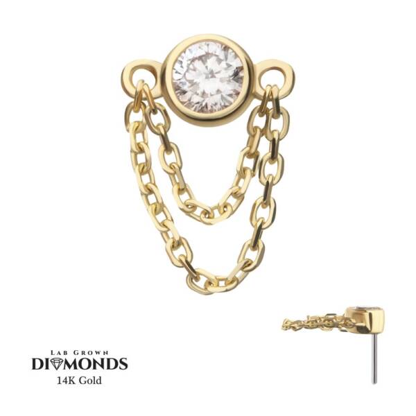 14Kt Yellow Gold Threadless Bezel Set Lab-Grown Diamond Top with 2-Tiered Chain Dangle