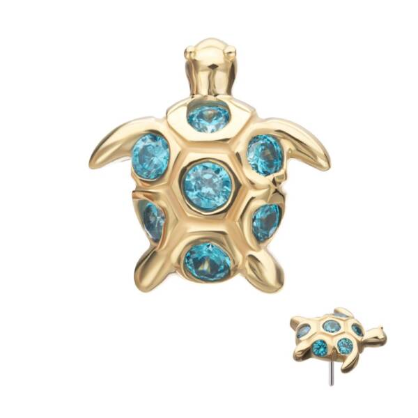 14kt Yellow Gold Threadless Sea Turtle Top with Aqua CZ Gems - Image 2