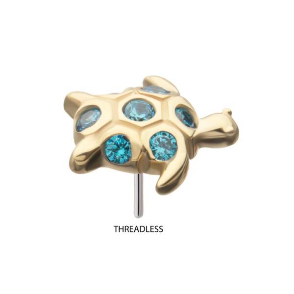 14kt Yellow Gold Threadless Sea Turtle Top with Aqua CZ Gems - Image 3