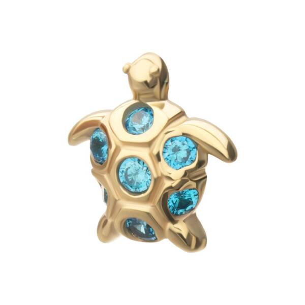 14Kt Yellow Gold Threadless 2D Sea Turtle Top with Bezel Aqua Gem - Image 3